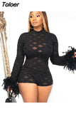 Feather Mesh See Through Black Jumpsuit Women Clothing Sexy Rompers One Pieces Going Out Night Club Outfit