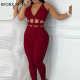 Women Casual Solid Hollow Out Halter Buckled Contrast Mesh Deep V Neck Hole Sleeveless Bandage Jumpsuit-Outfit