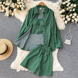 Women 3 Pieces Set Houndstooth Plain Green/Black/Orange Turn-Down Collar Single Breasted Blouse + Strap Camis + Shorts Suits