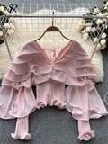 Ruffles Slim Chiffon Long Blouse Fashion V Neck Chic Long Sleeve Elastic Waist 2022 Autumn French Streetwear Solid