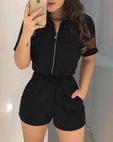 Women Elegant Sexy V Neck Turn-down Collar Solid Short Rompers Summer Short Sleeve Zipper Design Romper with