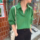 2021 Women Summer Autumn Loose Blouses Green Shirts Buttons Casual Vintage Cotton and Linen Oversize Office Wild