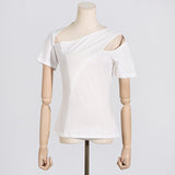 Toloer Spring Niche New Fashion Temperament Oblique Collar Head Hollow Design Sense Pure Color Short Women's T-Shirt-Outfit