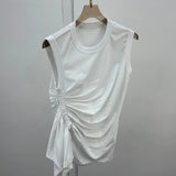 Casual White T Shirt For Women O Neck Sleeveless Ruched Irregular Slim T Shirts Females Summer Fashion 2021
