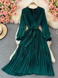 VAREY LIN New Spring Autumn Women Casual Solid Slim Dress Elegant A Line V Neck Puff Sleeve Chiffon Pullover Mid-Calf