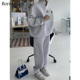 2022 Women Cotton Sweatshirt Suit Oversized Sets Female Stand Collar Loose Sweatshirt + Long Pants Suits Short