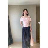 And Wear The Atmosphere Of The Lotus Leaf Side Shoulder Repair Folding Top With Straight Leisure Long Pants