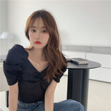 Women Summer Purple Solid V-neck Ruched Design Crop Top Elegant Korean Style Chic Female Sexy Cute Daily Trendy