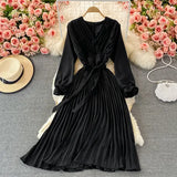 VAREY LIN New Spring Autumn Women Casual Solid Slim Dress Elegant A Line V Neck Puff Sleeve Chiffon Pullover Mid-Calf