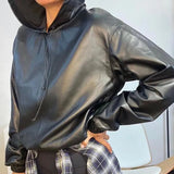Faux Leather Hooded Women Streetwear Casual Winter Solid Vintage Sweatshirt 2021 Drawstring Hoodies Coat Pullover Top