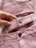 Pink Denim Sexy Women Sets Elegant Zipper Suspenders Tops Sashes Button Pocket Irregular Slash Neck Slim Two Piece