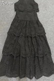 Sexy Slim Hollow Out Dresses For Women Deep V Neck Sleeveless High Waist Tierred Ruffles Solid Dress Female Summer 2023 New 425-0-Outfit