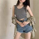 Knitted Round Neck Women T-shirt Sexy Sleeveless Camisole Crop Top Woman Tight Stretch Tank Top Ladies Tee Top Streetwear-Outfit