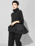 2023 New Spring Autumn High Collar Long Sleeve Black Loose Pocket Drawstring Big Size T-shirt Women Fashion Tide