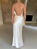 Elegant Women Satin V-neck Low Cut Long Dress Spaghetti Strap Backless Ruched Dress High Split Party Female Vestidos-Outfit
