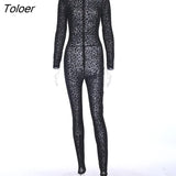 Leopord Print Transparent High Waist Trousers Jumpsuit Women Long Sleeve Back Zipper One-piece Body Suit Nightclub