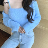 Fashion Sets Autumn Sweet Cardigan V Neck Long Sleeve Pink Mohair Sweaters Coat Sexy Bottom Camisole Tops Women