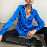 Solid Satin Shirt Elegant Polo Collar Office Lady Shirts 2022 Spring Summer Long Sleeve Top Female Fahsion Casual