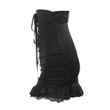 Women's Bodycon Mini Skirt, Gothic High Waist Criss Cross Lace Up Ruffle Trim Short Pencil Skirt-Outfit