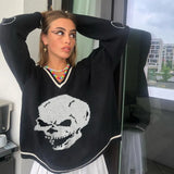 Punk Print Vintage Y2K Knit Sweater V Neck Long Sleeve Casual Jumper Ladies Autumn Winter Korean Pullover