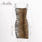 Leopard Print Spaghetti Straps Mini Dresse Bodycon Tiger Print Sexy Pencil Mini Dress Women Sleeveless Dres