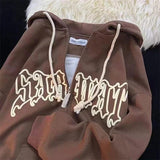 Women Letter Embroidery Hoodies Autumn Winter Retro Zipper Long Sleeve Loose Jacket Coats Y2K Harajuku Casual Hooded Sweatshirts 703-1-Outfit