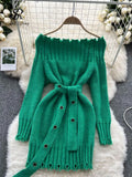 Off Shoulder Sexy Knitted Dress Long Sleeve Lace Up Midi Warm Dress Autumn Women Slash Party Sweater