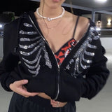 2022 Y2K Rhinestone Hoodies Women Skeleton Gothic Black Zip Up Oversized Sweatshirt Punk Skull Harajuku Hooded Jacket