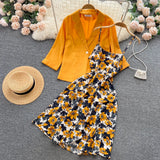 Autumn Vintage Women Two Piece Set Elegant Notched Collar Single Button Coat + Floral Spaghetti Strap Dress Suits 2Pcs
