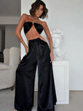 Y2K Satin Women 2 Piece Set Chain Halter Crop Tops Cut Out Loose Wide Legs Pants Sexy Streetwear Casual Female