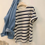 Striped Short-Sleeved Embroidered T-Shirt Women's Summer New Design Chic Loose Leisure All-Purpose Commuter Shirt-Outfit