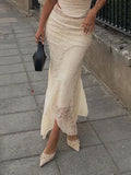 Elegant Fashion Slim Lace Trumpet Skirt Holiday See Through Sexy Mid-Waisted Maxi Skirts Women 2023 Autumn Spring Ladies-Outfit
