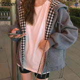 Women Plaid Hooded Chic Daily Outwear Coats Casual Ins Loose All-match 2XL Harajuku Teens Streetwear Bomber Retro BF