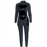 Women Bodycon Jumpsuit Solid Color Overalls Long Sleeves Rompers Bodysuits High Neck Hollow Out Buckle Biker Short