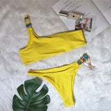 Toloer New Swimsuit Luxury Crystal Diamond Chain Female Split Swimsuit Plain Color One Shoulder Sexy