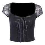Street T-shirt Women Lace Patchwork Square Collar Short Sleeve Clothes Gothic Punk Lacing Slim Dark Top Tee Femme-Outfit