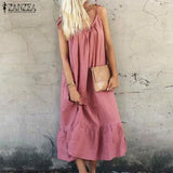 Bohemian Solid Ruffle Dress Women's Summer Sundress ZANZEA Casual Spaghetti Strap Midi Vestidos Female Holiday