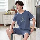 Men Pajama Sets Cotton Male Short Sleeve O-Neck Striped Pyjama Set For Man Summer Sleepwear Suit Leisure Homewear