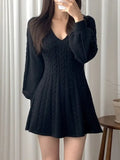 Color Cute V-Neck Cable Knit Long Sleeve Mini
