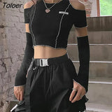 Patchwork Y2K Crop Tops Women 2023 Summer Off Shoulder Black Goth T Shirt Woman Hip Hop Slim Fit Streetwear Tee