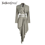 Ruched Irregular Two Piece Set For Women Notched Long Sleeve Lace Up Top High Waist Skirt Suit Female 2022