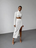 2022 Elegant Sexy Women Knitted Suit Turtleneck Sweater Top And High Waist Long Skirt Party Tracksuit Autumn