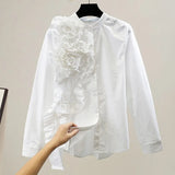 Patchwork Floral White Shirt For Women Stand Collar Long Sleeve Loose Solid Button Through Blouse Female