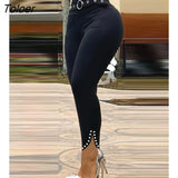 Women Black Slit Beaded Decor High Waist Eyelet Buckled Skinny Long Pants With Belt Casual Slim Fit Trousers