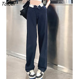 Hit Color High Waist Pants Women Pockets Loose High Street Straight Pants Summer Navy Blue Khaki Trousers Female
