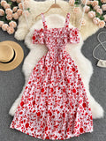Summer Sexy Slash Neck Spaghetti Strap Midi Dress Women Casual Off Shoulder Short Sleeve Vacation Beach Robe Female