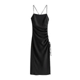 Women Chic Fashion Side Adjustable Drawstring Draped Midi Dress Vintage Backless Side Zipper Straps Female
