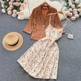 Autumn Vintage Women Two Piece Set Elegant Notched Collar Single Button Coat + Floral Spaghetti Strap Dress Suits 2Pcs