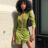 Dress Women Ruched Skinny Mini Shirt Dress 2021 Spring Elegant Bodycon Green Vestido Casual Ladies Sexy Slim Short