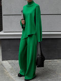 Asymmetrical Pullovers Knitted 2 Piece Set Women Casual Turtleneck Sweater And Pants Irregular Winter Warm